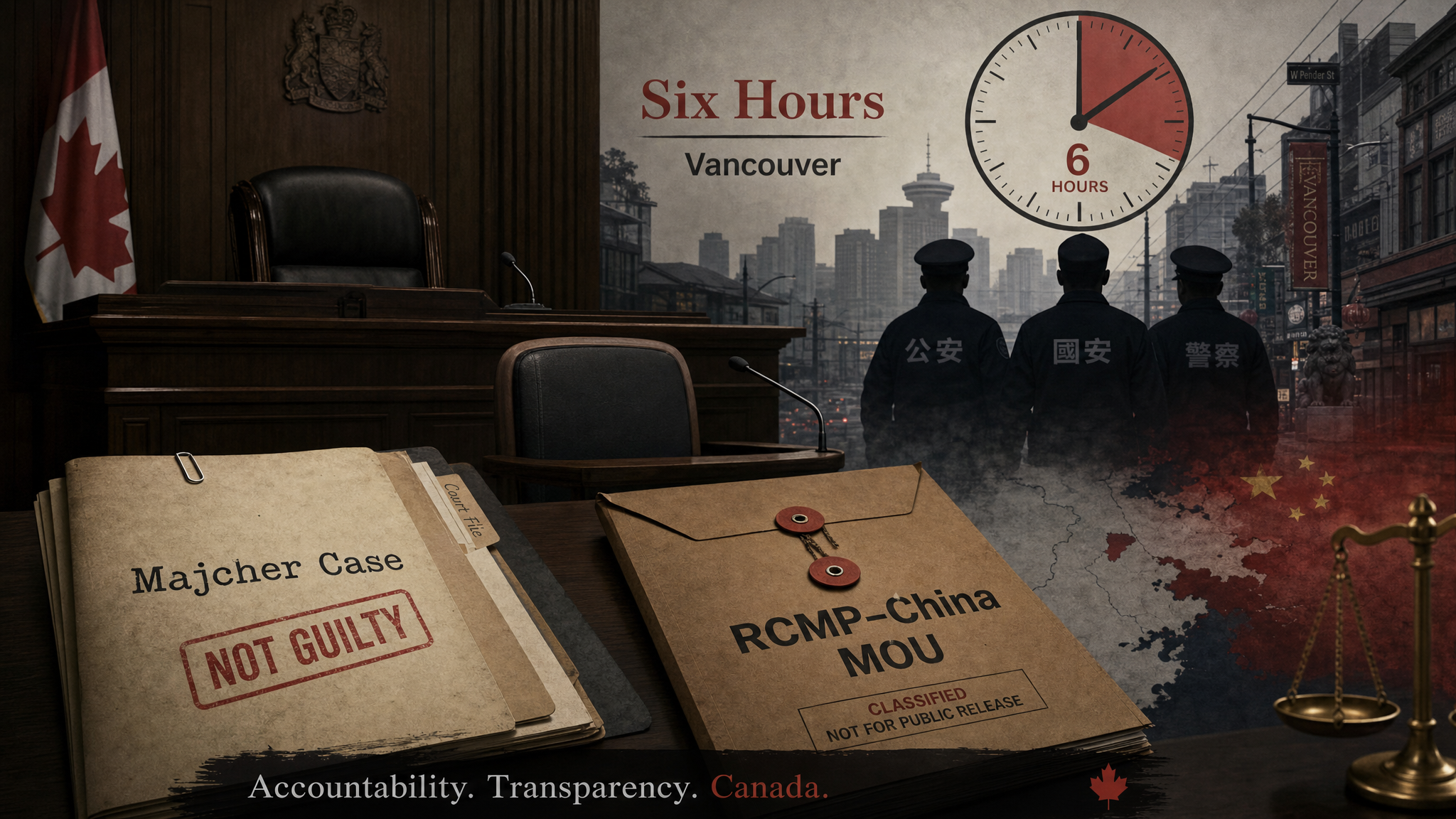 Editorial illustration of a courtroom file marked not guilty beside a sealed RCMP-China MOU