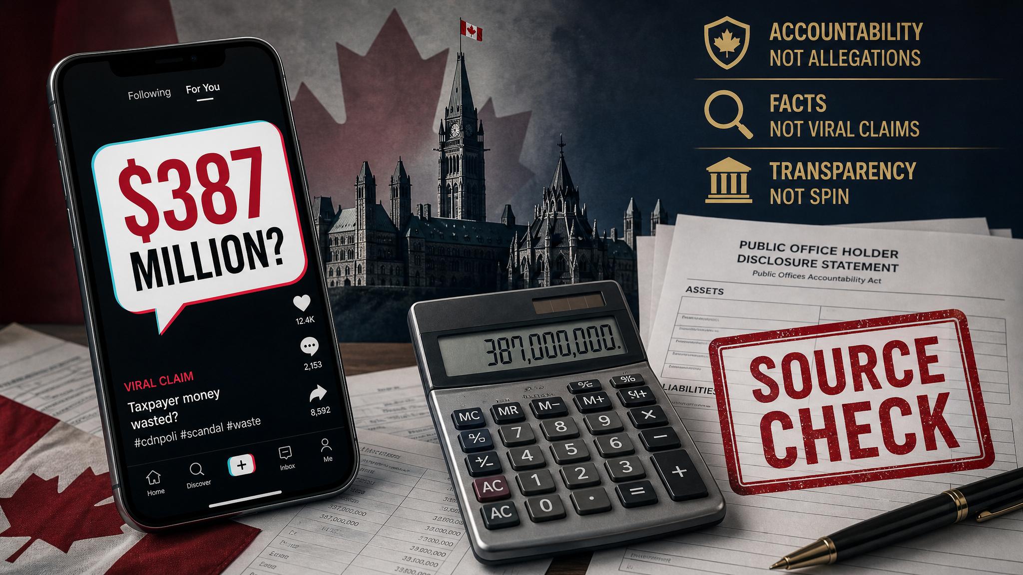 Editorial fact-check graphic showing a viral $387 million claim beside public disclosure documents