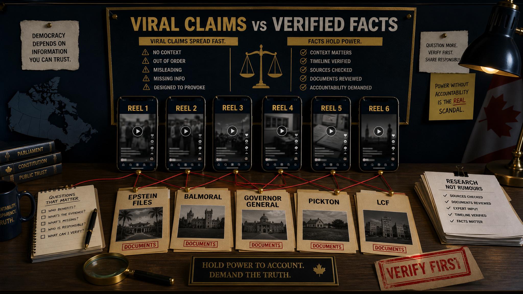 Editorial evidence board showing six viral reels and verified facts